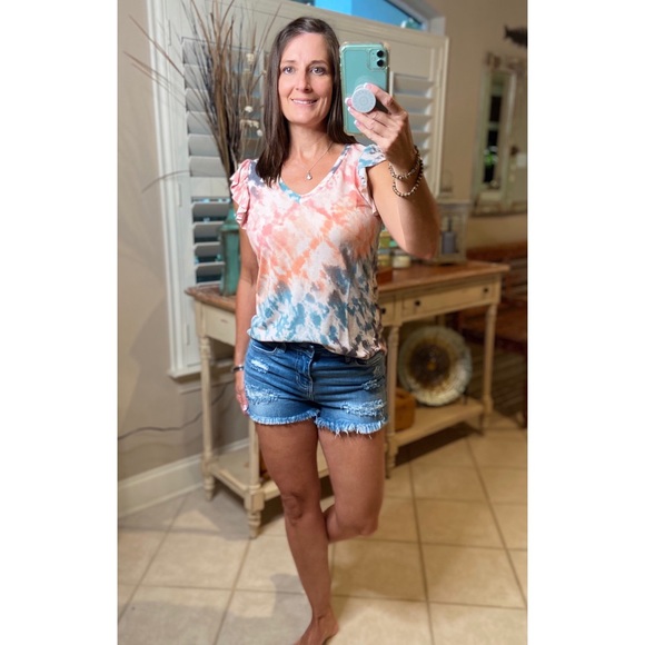 Tops - Tie Dye Flutter Ruffle Short Sleeve Coral 3220